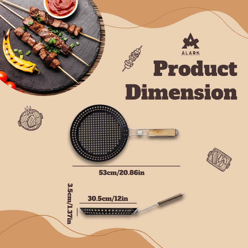 Alark مقلاة شواء معدنية غير لاصقة على شكل دائري مع مقبض خشبي قابل للطي، مقلاة الشواء مع ثقوب لقلي الخضار واللحوم والأسماك لمعدات الطهي في التخييم، وأنشطة الشواء الخارجية الأخرى - Image 4