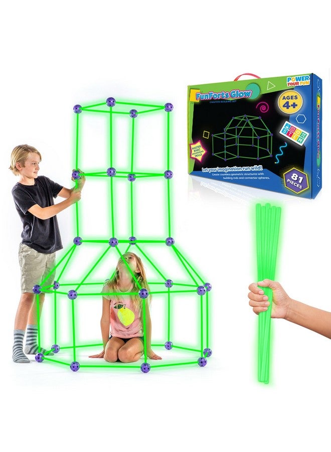 Power Your Fun Fun Forts Glow Fort Building Kit for Kids - 81 Pack Glow in The Dark STEM Building Toys Indoor Outdoor Play Tent for Kids Construction Toys with 53 Rods and 28 Spheres - Image 1