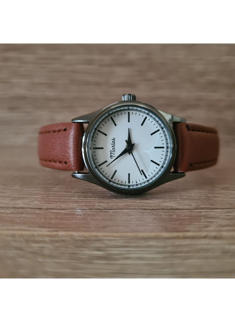 Tekno Trust Black Case Brown Strap White Striped Retro Women's Wristwatch  - Image 1