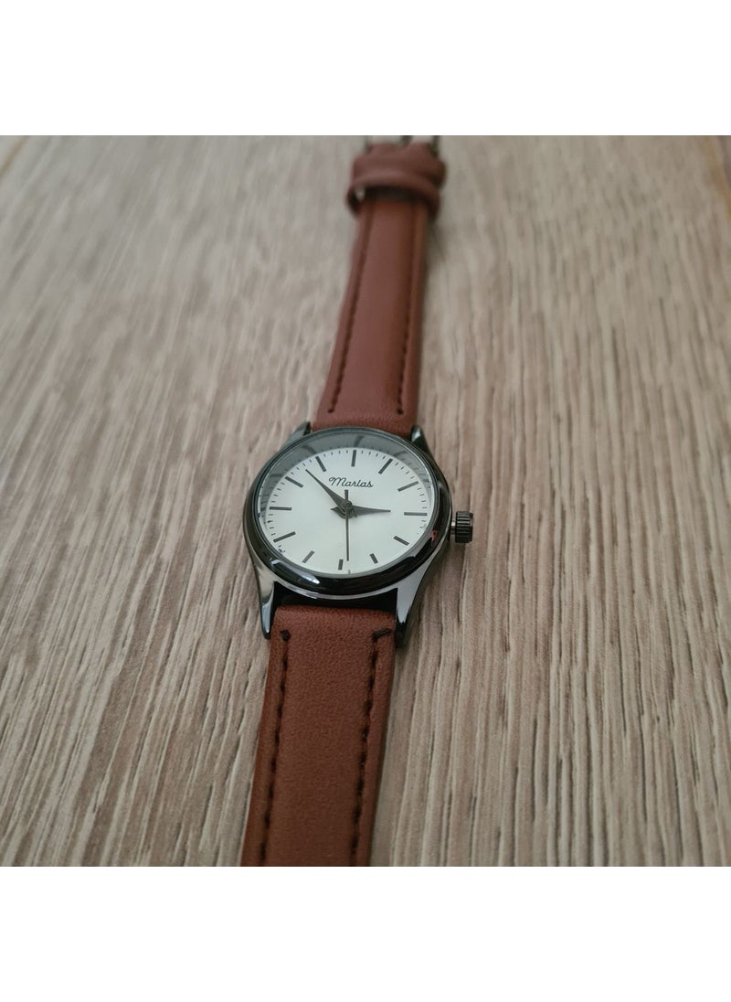 Tekno Trust Black Case Brown Strap White Striped Retro Women's Wristwatch  - Image 3