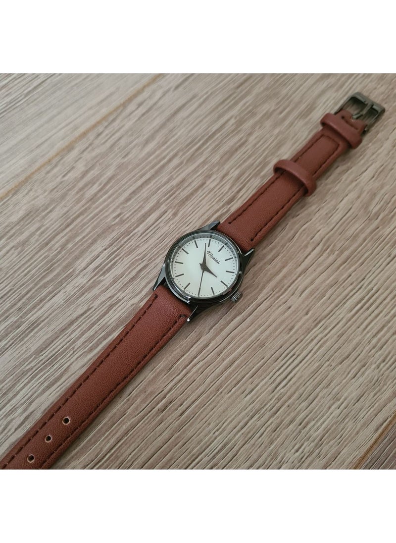 Tekno Trust Black Case Brown Strap White Striped Retro Women's Wristwatch  - Image 4