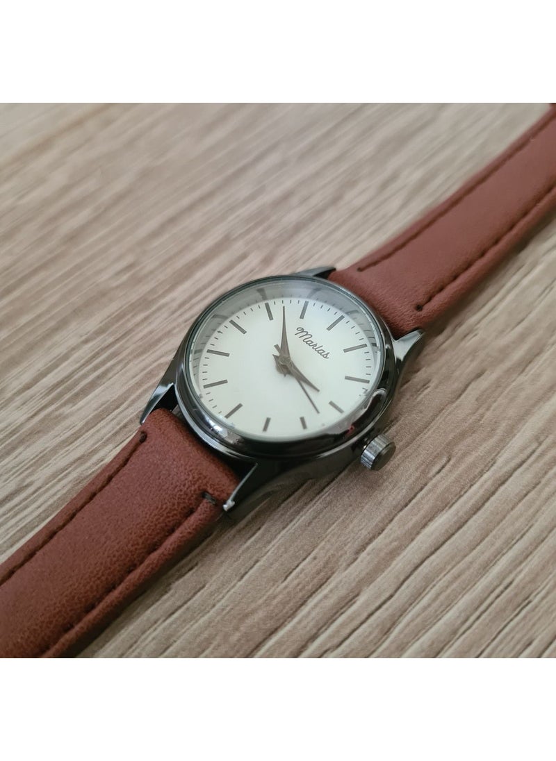 Tekno Trust Black Case Brown Strap White Striped Retro Women's Wristwatch  - Image 2