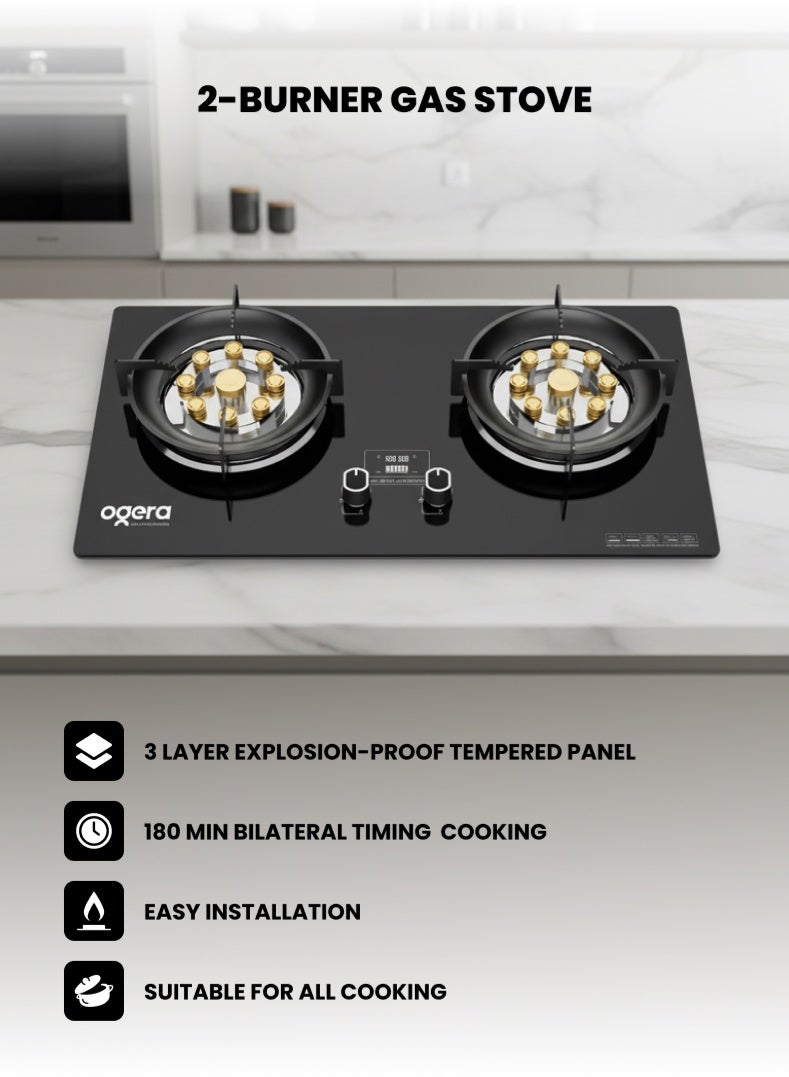 أوجيرا موقد غاز زجاجي بعيينين – شعلة ووك بـ 9 تجويفات، حماية من انطفاء اللهب، سطح زجاج مقوى، للاستخدام المدمج أو الخارجي، موديل OG3010GC مع ضمان سنتين - Image 1