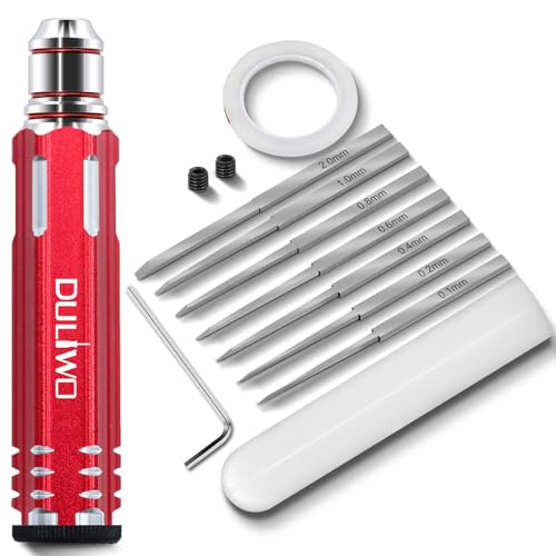 DULIWO Prime Model Scriber Gundam Resin Carved Scribe Line Hobby Cutting Tool Chisel, 7 Model Chisel Blades (0.1/0.2/0.4/0.6/0.8/1.0/2.0mm) with Rubber Cap + Carving Masking Tape 3mmx20m (Red) - Image 1