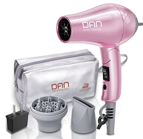 DAN Technology Travel Hair Dryer,Dual Voltage HairDryer,Mini Blow Dryer with Concentrator,Small Hair Dryer with Diffuser,European hairdryer with European Plug,Pink Blow Dryer for Women - Image 1
