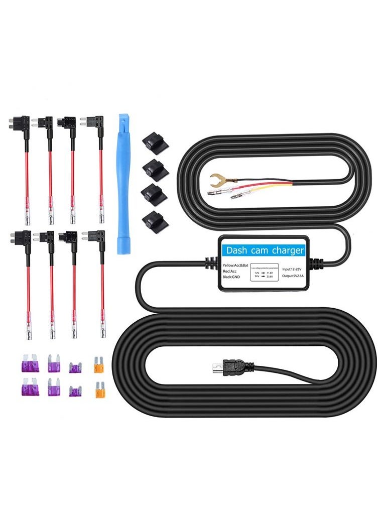 Arabest - Dash Cam Hardwire Kit Mini USB Hard Wire Kit Fuse for Dashcam and 8 Fuse Tap Cable and Installation Tool 11.5ft 12V-30V to 5V/2A Mini-USB Port Charger Power Cord - Image 1