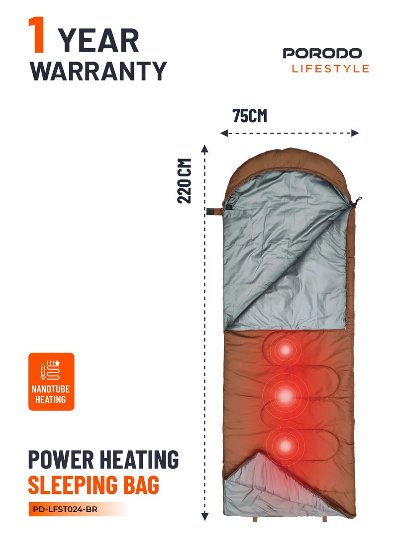 porodo Camping Sleeping bag with Heat Function /Size:220 x 75cm/ Versatile and Portable / Lightweight and Easy-to-Carry / Superior Warmth and Durable / Camping / Hiking / Outdoor - Brown - Image 1
