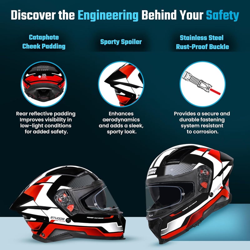 STUDDS Helios ISI and DOT Certified Full Face Helmet with Antifog 100 Lens, Sporty Spoiler (Flame Blue - L) - Image 3