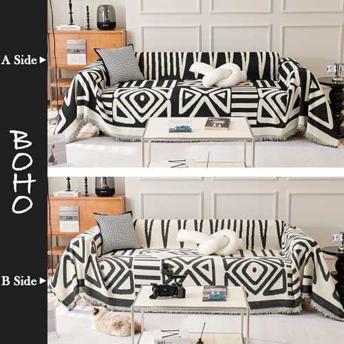 HANDONTIME Boho Sofa Covers for Dogs Black Couch Sofa Covers for 3 Cushion Couch Sofa Beige Chenille Sofa Slipcover Washable Sectional l Shaped Covers Pets Protector Furniture Covers 71" X118" - Image 2