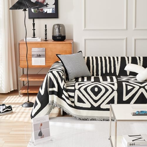 HANDONTIME Boho Sofa Covers for Dogs Black Couch Sofa Covers for 3 Cushion Couch Sofa Beige Chenille Sofa Slipcover Washable Sectional l Shaped Covers Pets Protector Furniture Covers 71" X118" - Image 1