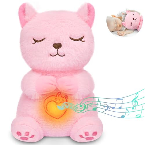 Prewplam Breathing Stuffed Animal Pink Cat Plush Baby Toy Soothing Sound Machine with Music Lights Breathing Motion for Kids Boys Girls - Image 1