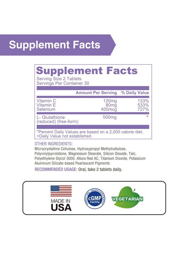 Lovita مجمع لوفيتا جلوتاثيون 500 ملغ لبشرة متألقة ودعم المناعة | نقاء 99.8% مع فيتامين C، سيلينيوم وE، نباتي، غير معدل وراثيًا، خالي من الغلوتين 60 قرص نباتي - Image 2