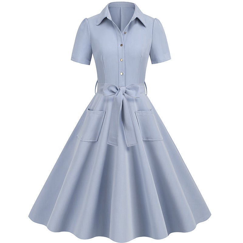 Vintage Short Sleeve Belted A-line Dress 8039 - Image 2