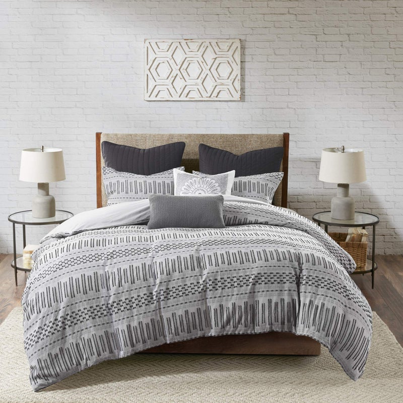 Ink+Ivy INKIVY Rhea 100 Cotton Duvet Set Mid Century Modern Boho Design All Season Comforter Cover Bedding Set Matching Shams KingCal King Geometric Clipped Jacquard Grey 3 Piece