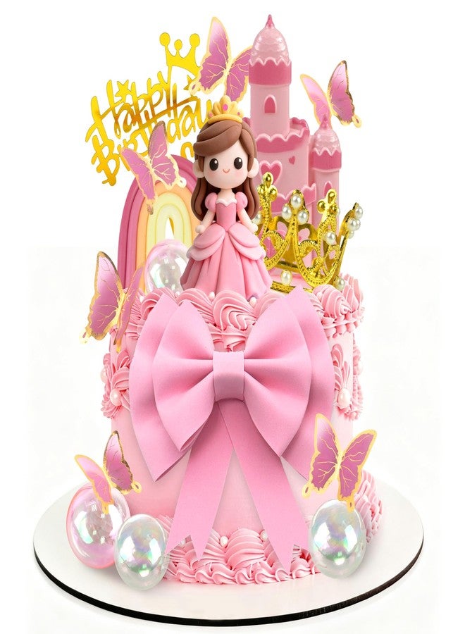 DRWATE Princess Cake Toppers Castle Cake Decorations with Bows Butterflies Balls Rainbow for Princess Themes Birthday - Image 1