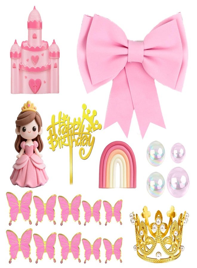 DRWATE Princess Cake Toppers Castle Cake Decorations with Bows Butterflies Balls Rainbow for Princess Themes Birthday - Image 3
