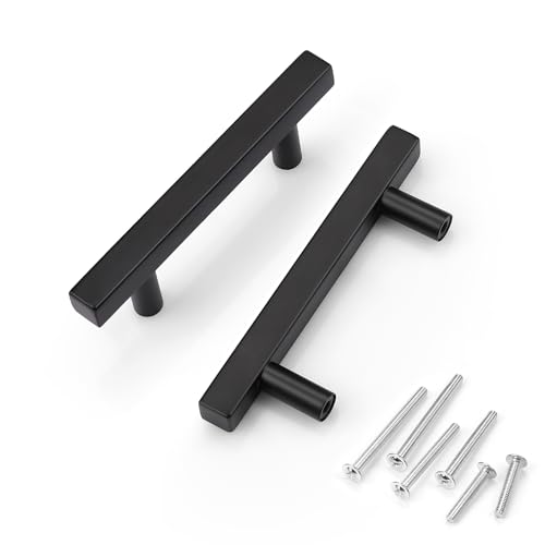 KNOBWELL 6 Pack 3 inch Kitchen Cabinet Handles, Black Dresser Drawer Pulls Stainless Steel, Square Bedroom Bathroom Vanity Closet Pulls 3" Hole Center 5" Length - Image 1