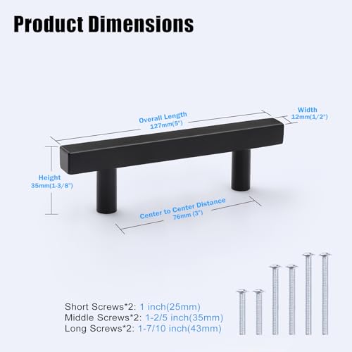 KNOBWELL 6 Pack 3 inch Kitchen Cabinet Handles, Black Dresser Drawer Pulls Stainless Steel, Square Bedroom Bathroom Vanity Closet Pulls 3" Hole Center 5" Length - Image 4