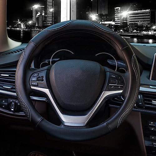 Valleycomfy Leather Steering Wheel Covers Universal 15 inch -Breathable, Anti Slip & Odor Free (Black with White Lines,M(14" 1/2-15" 1/4)) - Image 1