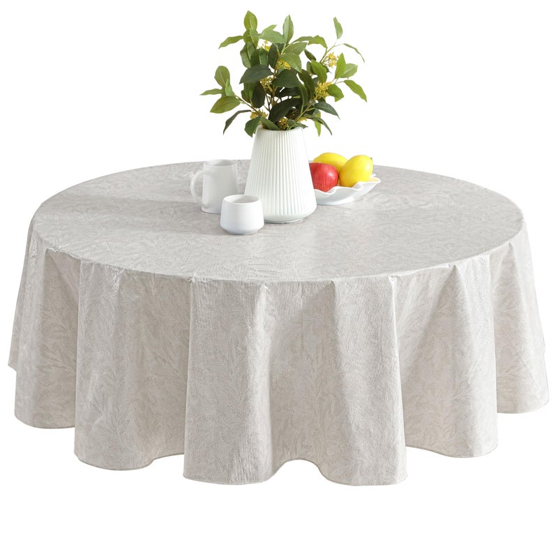 Newbridge Napa Leaf Beige Vinyl Flannel Backed Tablecloth 70 Inch Round Hotel Quality Waterproof Indoor Outdoor Table Cover for Kitchen Patio Dining BBQ