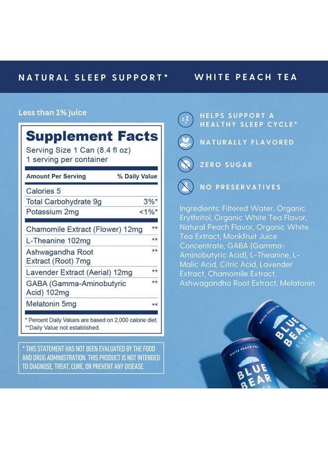 Blue Bear - Blue Bear Melatonin Sleep Drink, Sleep Tea for Bedtime Support, White Peach Tea with Melatonin (5mg), Lavender, Ashwagandha, Chamomile, GABA, L-Theanine, Caffeine-Free, Zero Sugar, 8.4 Fl Oz 12-Pack - Image 1