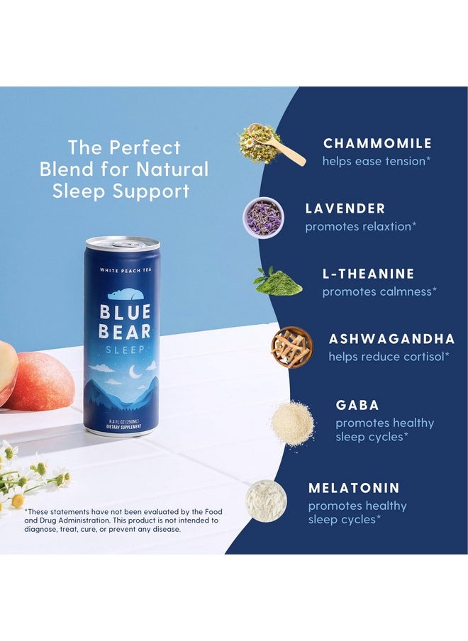 Blue Bear - Blue Bear Melatonin Sleep Drink, Sleep Tea for Bedtime Support, White Peach Tea with Melatonin (5mg), Lavender, Ashwagandha, Chamomile, GABA, L-Theanine, Caffeine-Free, Zero Sugar, 8.4 Fl Oz 12-Pack - Image 1