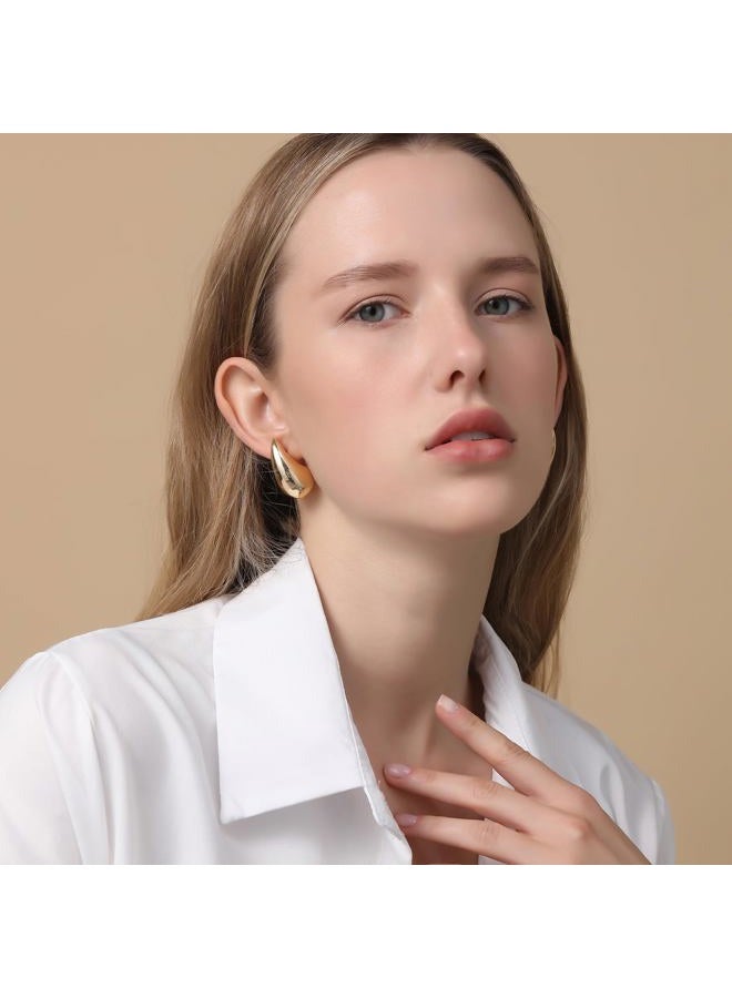 Apsvo Chunky 14K Gold Plated Hoop Earrings for Women, Lightweight Waterdrop Hollow Open Hoops, Hypoallergenic Dupes Earrings, 32mm, Brass, No Gemstone - Image 2