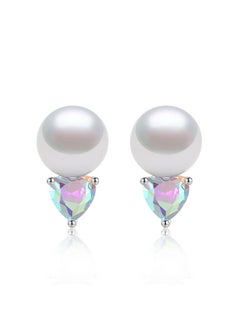 Yami Sterling Silver Pearl Earrings For Women, Aurora Borealis Crystal Heart Zircon Stud Earrings, 8-8.5Mm Freshwater Cultured Pearls Jewelry Gifts  - Image 1