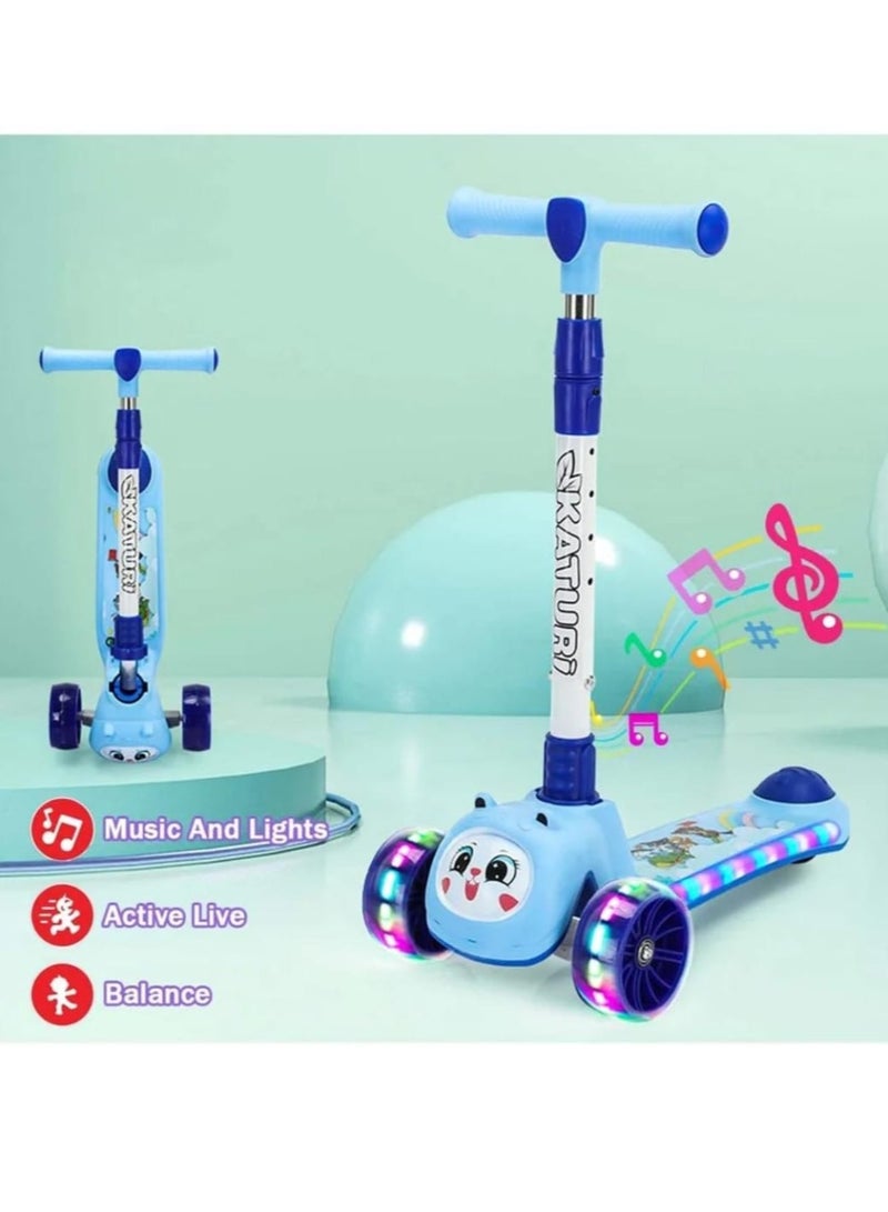 لعبة مرح  سكوتر ركل ثلاثي العجلات قابل للطي للأطفال مع أضواء LED - تصميم حيوان لطيف ومقود قابل للتعديل وتوجيه مائل وعجلات وامضة وموسيقى - Image 4