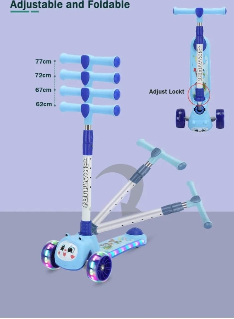 لعبة مرح  سكوتر ركل ثلاثي العجلات قابل للطي للأطفال مع أضواء LED - تصميم حيوان لطيف ومقود قابل للتعديل وتوجيه مائل وعجلات وامضة وموسيقى - Image 2