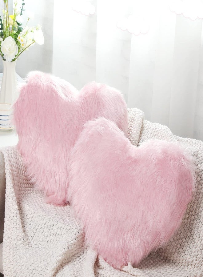 Enhon 2 Pcs Fluffy Heart Pillows Faux Fur Heart Shaped Plush Pillow Soft 20 x 15.7 Inch Love Throw Pillows with Insert for Decorative Office Home Bedroom Living Room Sofa(Pink) - Image 1