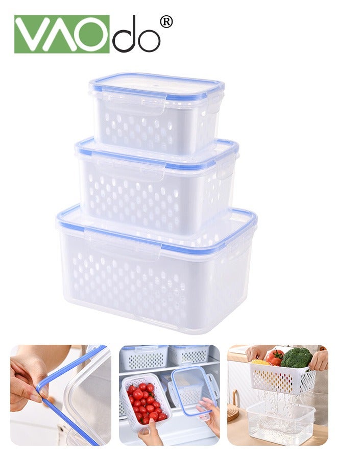 VAOdo 3 PCS Fruit Storage Containers for Fridge with Removable Colander, ,BPA Free Airtight Food Storage Container, Dishwasher Safe Produce Saver Container for Refrigerator, Keep Berry Fruit Vegetable Fresh Longer for Vegetable Fruit Berry Salad Lettuce - Image 1
