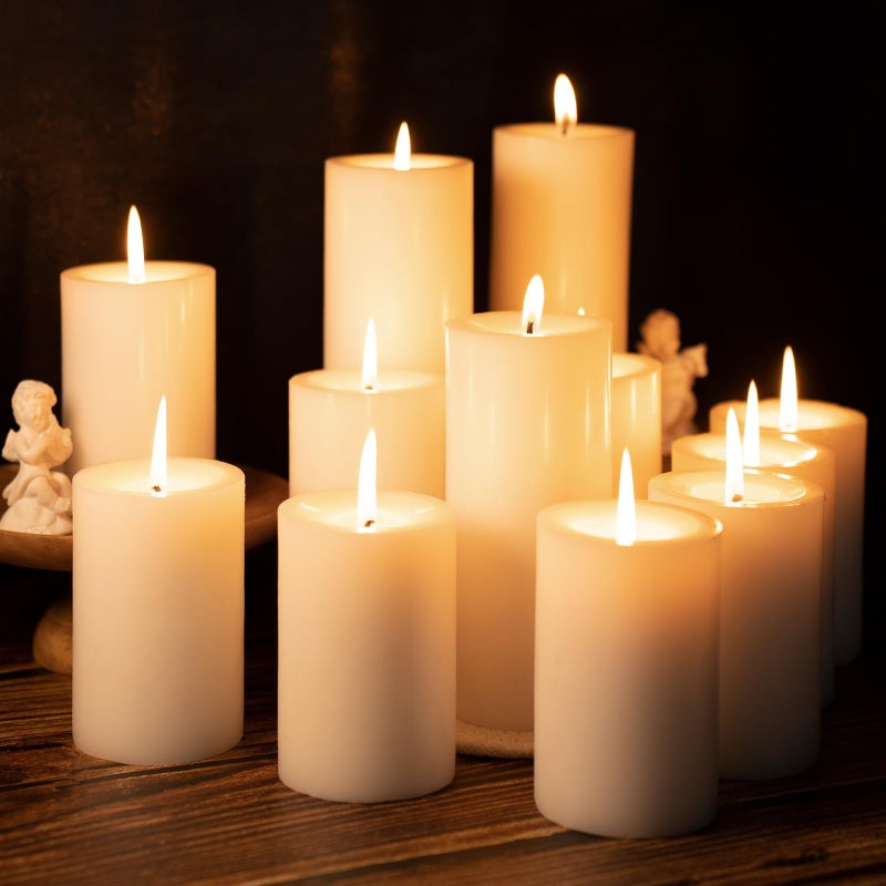 Ivory Pillar Candles 28x4 Unscented Candle Set of 12 Dripless Smokeless and Clean Burning Household Large Decorative Table Candles Perfect for Weddings Parties Dinners