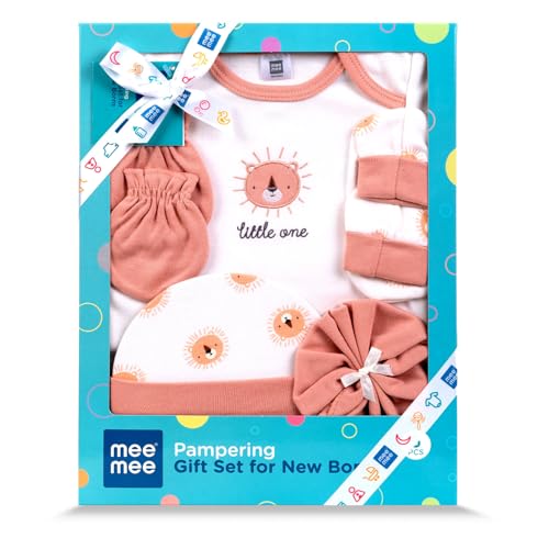 Mee Mee New Born Baby Gift Set | Soft Cotton Clothing Essentials for Infants/Baby Girls, Boys | Baby Shower Clothing Hamper (5 Pieces, Orange)| Ideal Gift for New Born Baby - Image 1