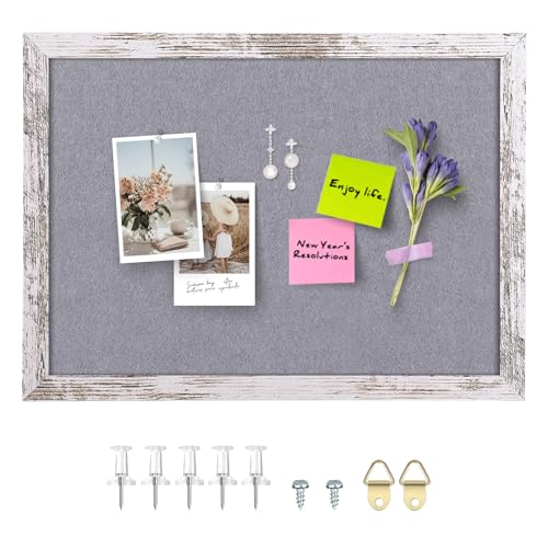 Aitakatta Gray Felt Bulletin Board, 17x13 inches Decorative Hanging Bulletin Boards for Walls with White Rustic Wood Frame, Pin Board Vision Board for Office Home School with Pins (4333,WH,1pc) - Image 1