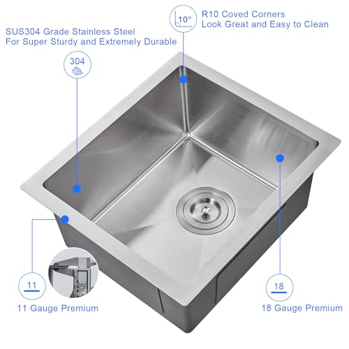 MENATT 15-inch Undermount Kitchen Bar Sinks, 304 Stainless Steel Handmade Bar Sink Undermount, Single Bowl Kitchen Sink Brushed, 15" x 17" x 8" - Image 4