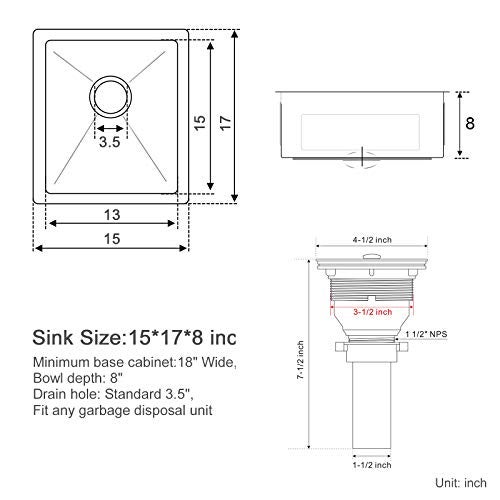 MENATT 15-inch Undermount Kitchen Bar Sinks, 304 Stainless Steel Handmade Bar Sink Undermount, Single Bowl Kitchen Sink Brushed, 15" x 17" x 8" - Image 3