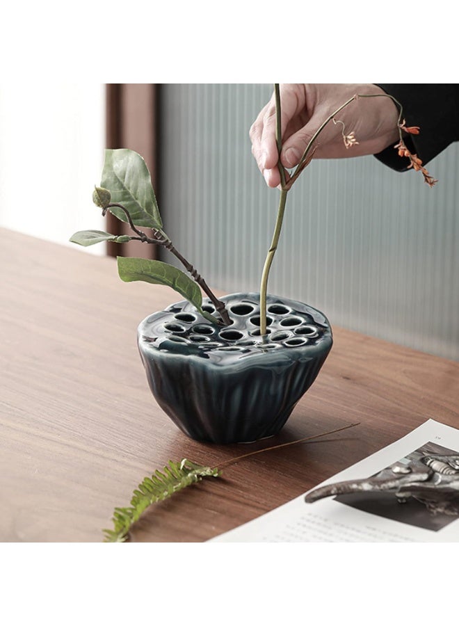 NANAO Lotus Pod Flower Arrangement Vase, Ceramic Flower Frog Pot, Ikebana Stem Holder, Decorative Flower Frog Container, Floral Arrangement Bowl for Tea Table, Ceramic Flower Vase Kenzan (Dark Blue) - Image 4