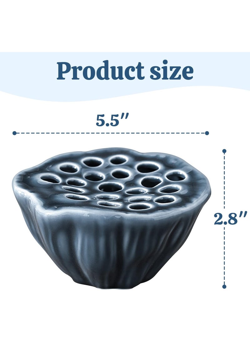 NANAO Lotus Pod Flower Arrangement Vase, Ceramic Flower Frog Pot, Ikebana Stem Holder, Decorative Flower Frog Container, Floral Arrangement Bowl for Tea Table, Ceramic Flower Vase Kenzan (Dark Blue) - Image 3