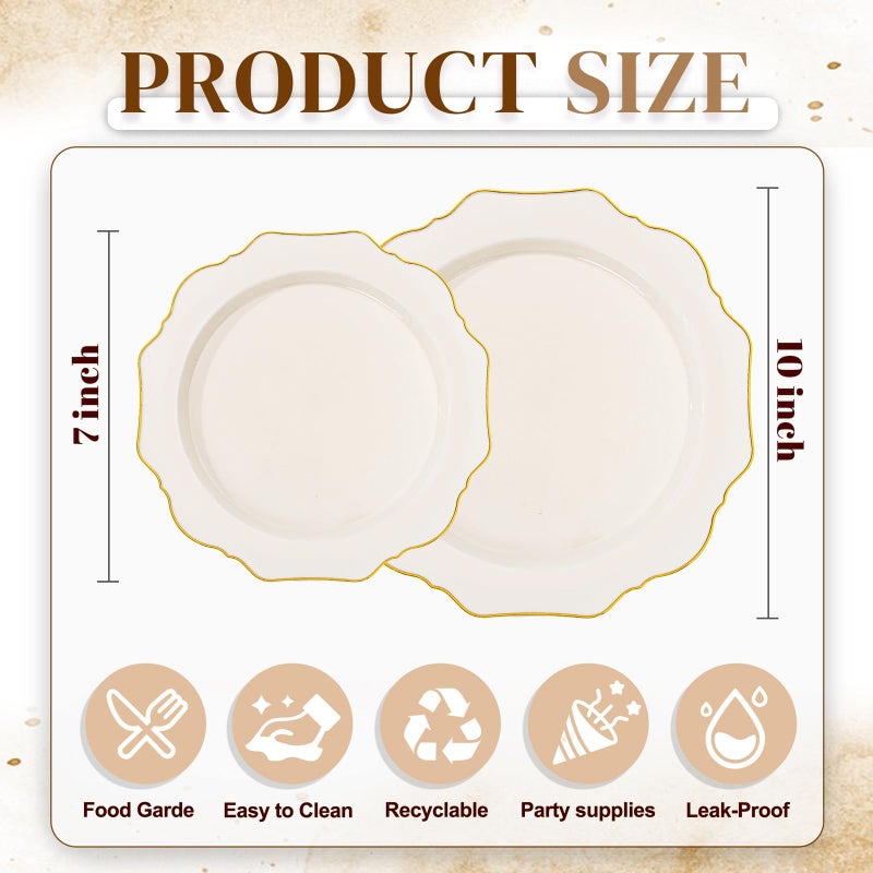 WDF 200PCS Ivory Plastic Plates with Gold Rim - Cream Plastic Plates - Include 100 Dinner & 100 Dessert Fancy Disposable Plate for Party - Heavy Duty Plate for Wedding Baby Shower Spring - Image 2