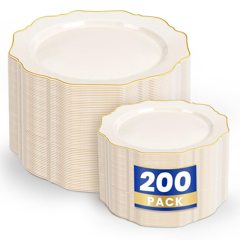 WDF 200PCS Ivory Plastic Plates with Gold Rim - Cream Plastic Plates - Include 100 Dinner & 100 Dessert Fancy Disposable Plate for Party - Heavy Duty Plate for Wedding Baby Shower Spring - Image 1