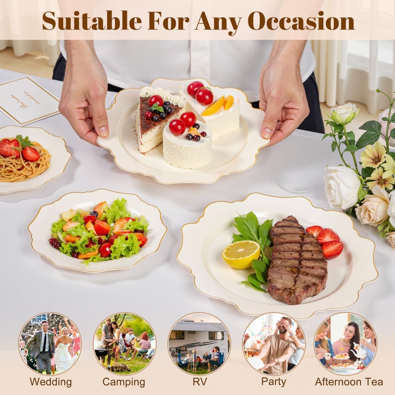 WDF 200PCS Ivory Plastic Plates with Gold Rim - Cream Plastic Plates - Include 100 Dinner & 100 Dessert Fancy Disposable Plate for Party - Heavy Duty Plate for Wedding Baby Shower Spring - Image 4