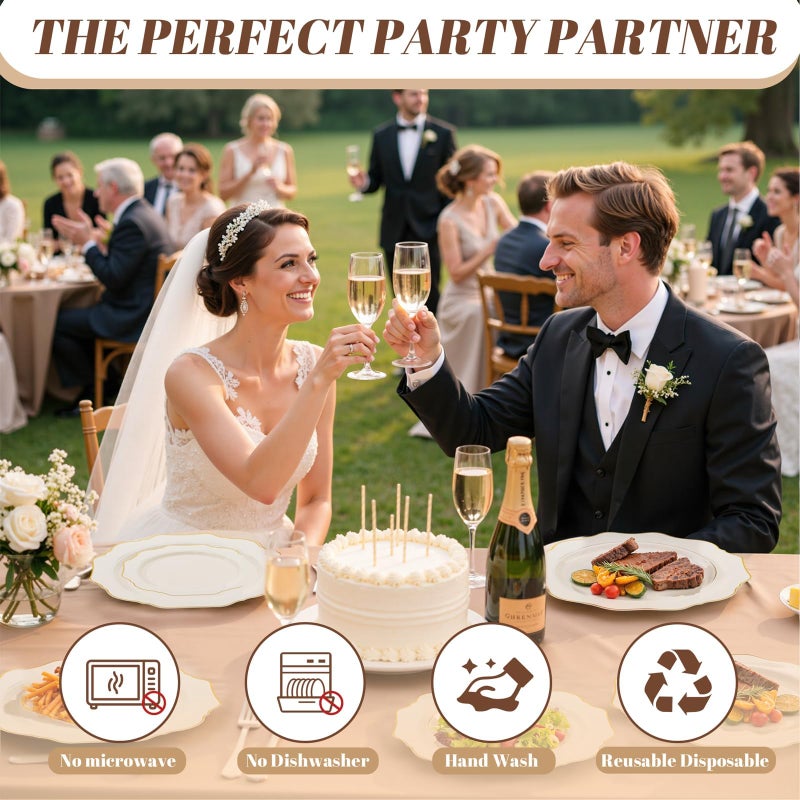 WDF 200PCS Ivory Plastic Plates with Gold Rim - Cream Plastic Plates - Include 100 Dinner & 100 Dessert Fancy Disposable Plate for Party - Heavy Duty Plate for Wedding Baby Shower Spring - Image 3