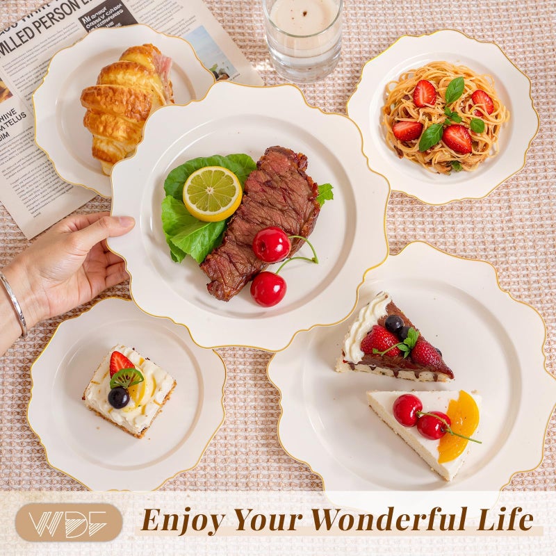WDF 200PCS Ivory Plastic Plates with Gold Rim - Cream Plastic Plates - Include 100 Dinner & 100 Dessert Fancy Disposable Plate for Party - Heavy Duty Plate for Wedding Baby Shower Spring - Image 5