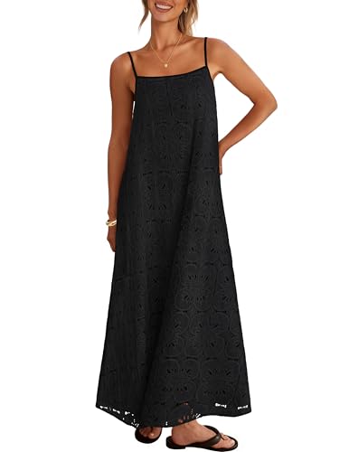 MEROKEETY Women's Summer Spaghetti Straps Sundress 2026 Casual Sleeveless Floral Lace Eyelet Boho Beach Maxi Dress, Black, Medium - Image 1