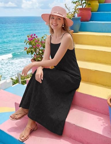 MEROKEETY Women's Summer Spaghetti Straps Sundress 2026 Casual Sleeveless Floral Lace Eyelet Boho Beach Maxi Dress, Black, Medium - Image 5