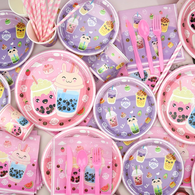 Obussgar Bubble Tea Birthday Decorations - Milk Tea Party Supplies Include Backdrop, Cake Topper, Plates, Cups, Napkins, Balloons, Tablecloth for Girls Birthday Party - Serves 20 - Image 5