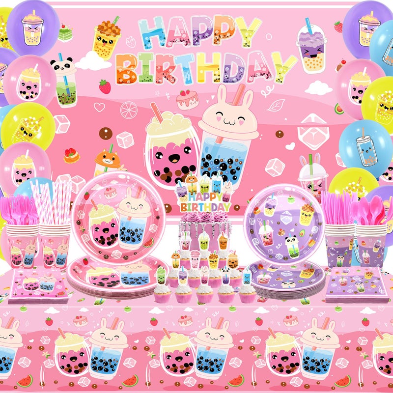 Obussgar Bubble Tea Birthday Decorations - Milk Tea Party Supplies Include Backdrop, Cake Topper, Plates, Cups, Napkins, Balloons, Tablecloth for Girls Birthday Party - Serves 20 - Image 1