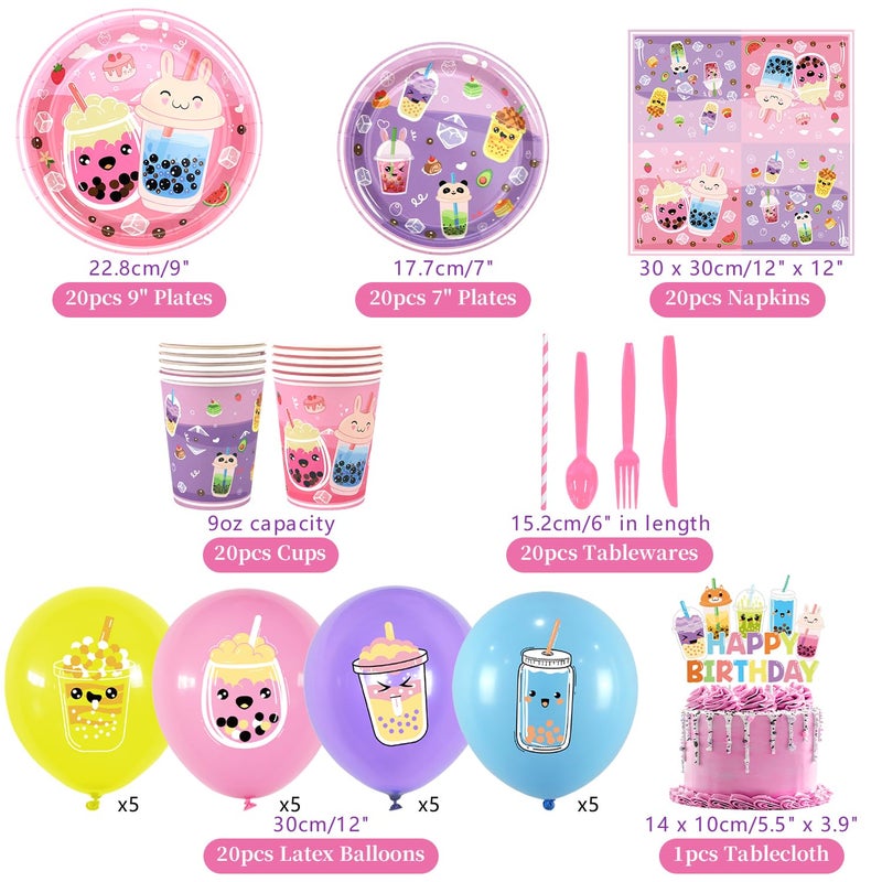 Obussgar Bubble Tea Birthday Decorations - Milk Tea Party Supplies Include Backdrop, Cake Topper, Plates, Cups, Napkins, Balloons, Tablecloth for Girls Birthday Party - Serves 20 - Image 2