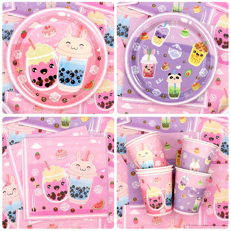 Obussgar Bubble Tea Birthday Decorations - Milk Tea Party Supplies Include Backdrop, Cake Topper, Plates, Cups, Napkins, Balloons, Tablecloth for Girls Birthday Party - Serves 20 - Image 4